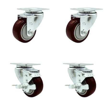 Service Caster 3.5 Inch Maroon Polyurethane Wheel Swivel Top Plate Caster Set with 2 Brakes SCC SCC-20S3514-PPUB-MRN-2-TLB-2